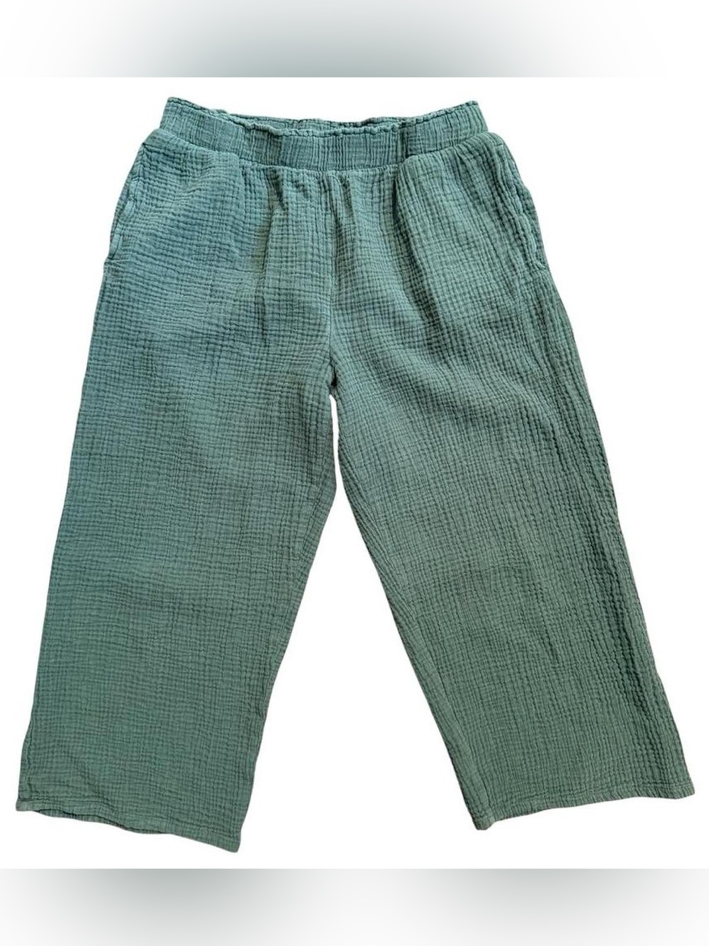 Jessica Simpson cotton cropped green wide leg seersucker pants elastic waistband